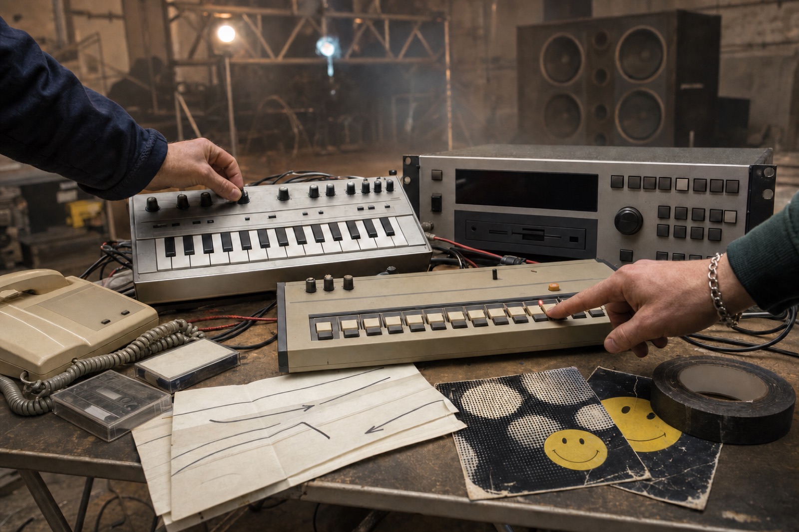 Acid house production and rave flyer details with drum machine, sampler, and warehouse lighting