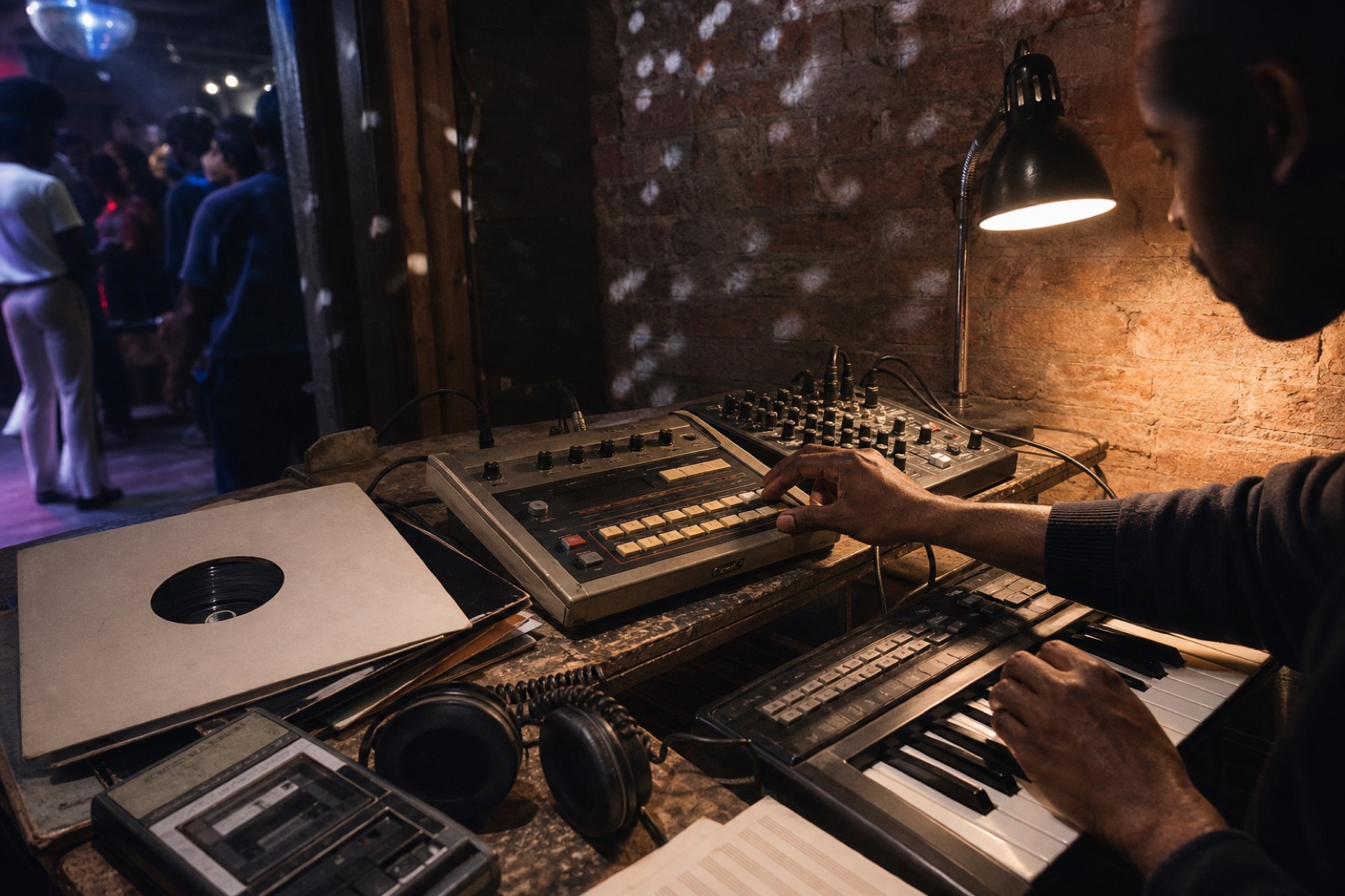 Chicago house production details with drum machine records piano stabs and warehouse room lighting