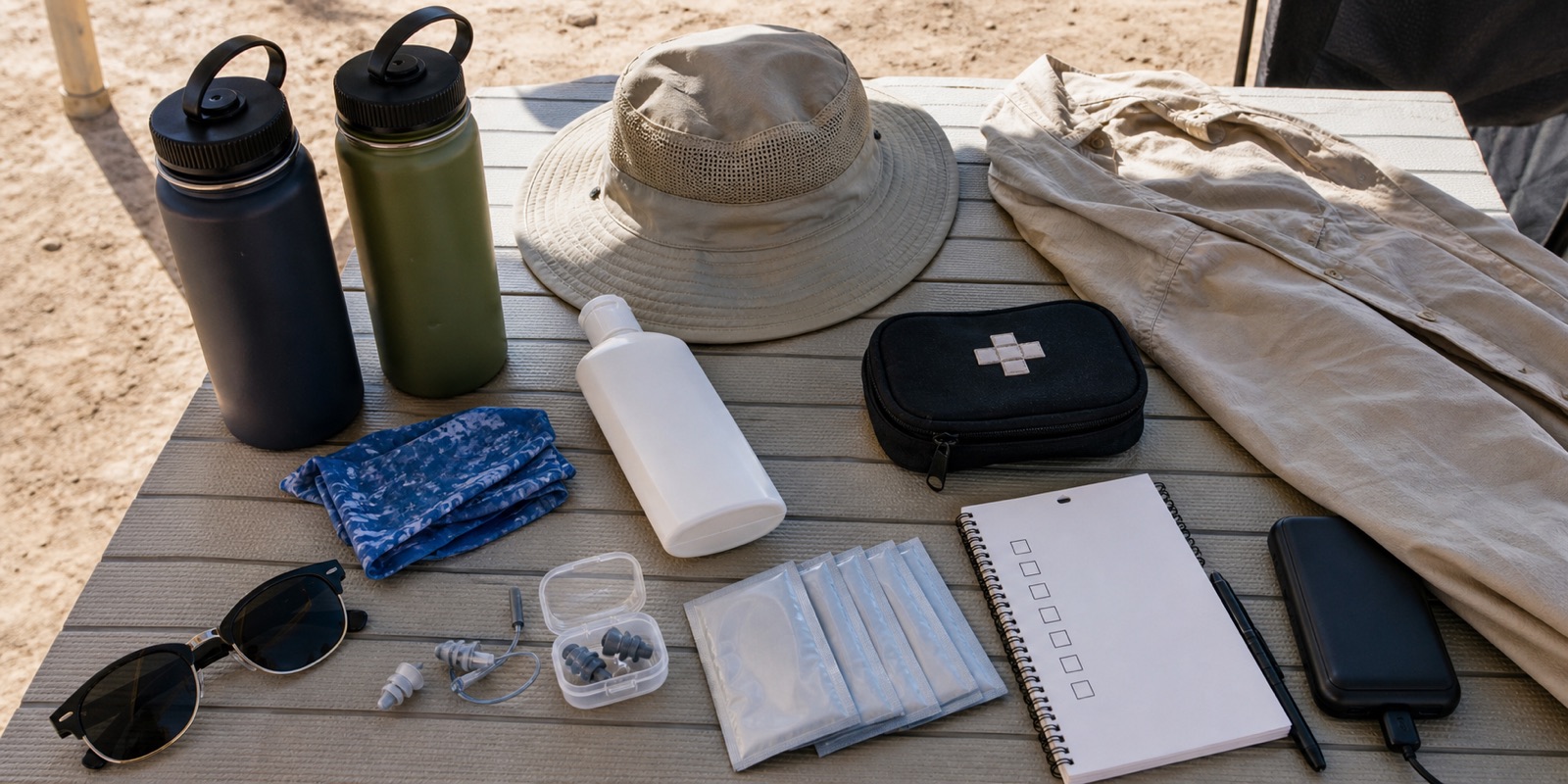 Desert festival packing details with water electrolyte packets hat sunscreen earplugs and battery