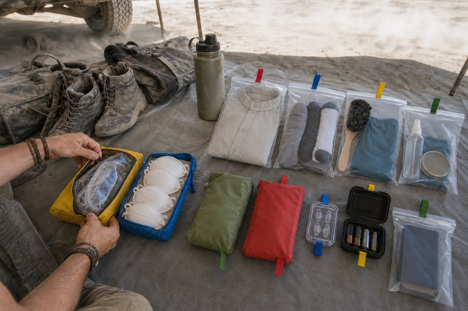 Practical details connected to dusty playa conditions festival preparation