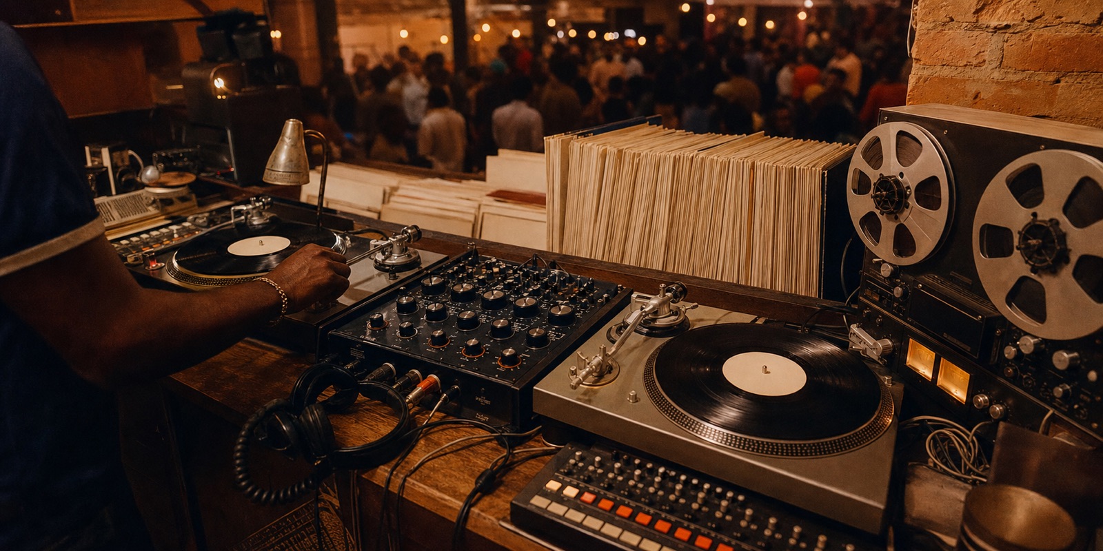 Chicago house DJ booth with vinyl mixer drum machine and records inspired by Frankie Knuckles