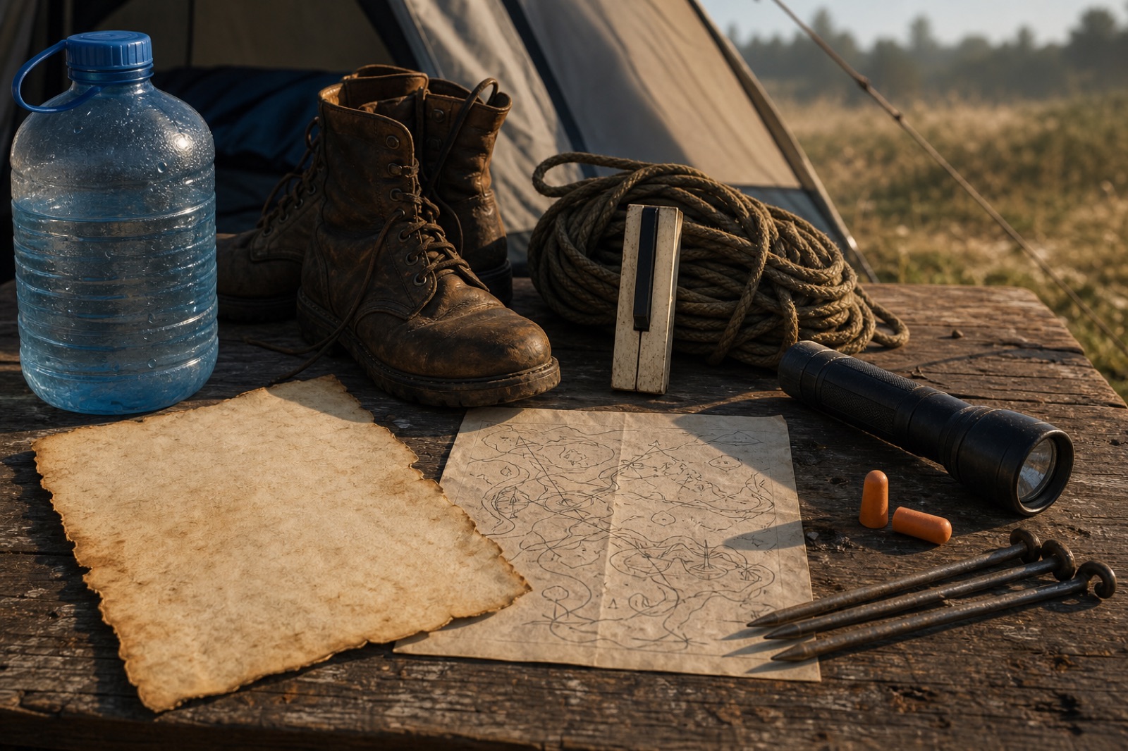 Festival camp planning still life with vintage flyer, tent stakes, water jug, earplugs, and stage map