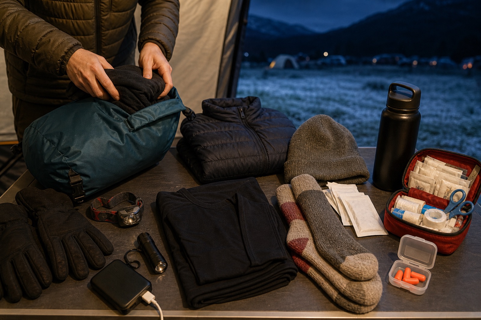 Cold night festival packing kit with base layers gloves hat hand warmers earplugs flashlight and battery