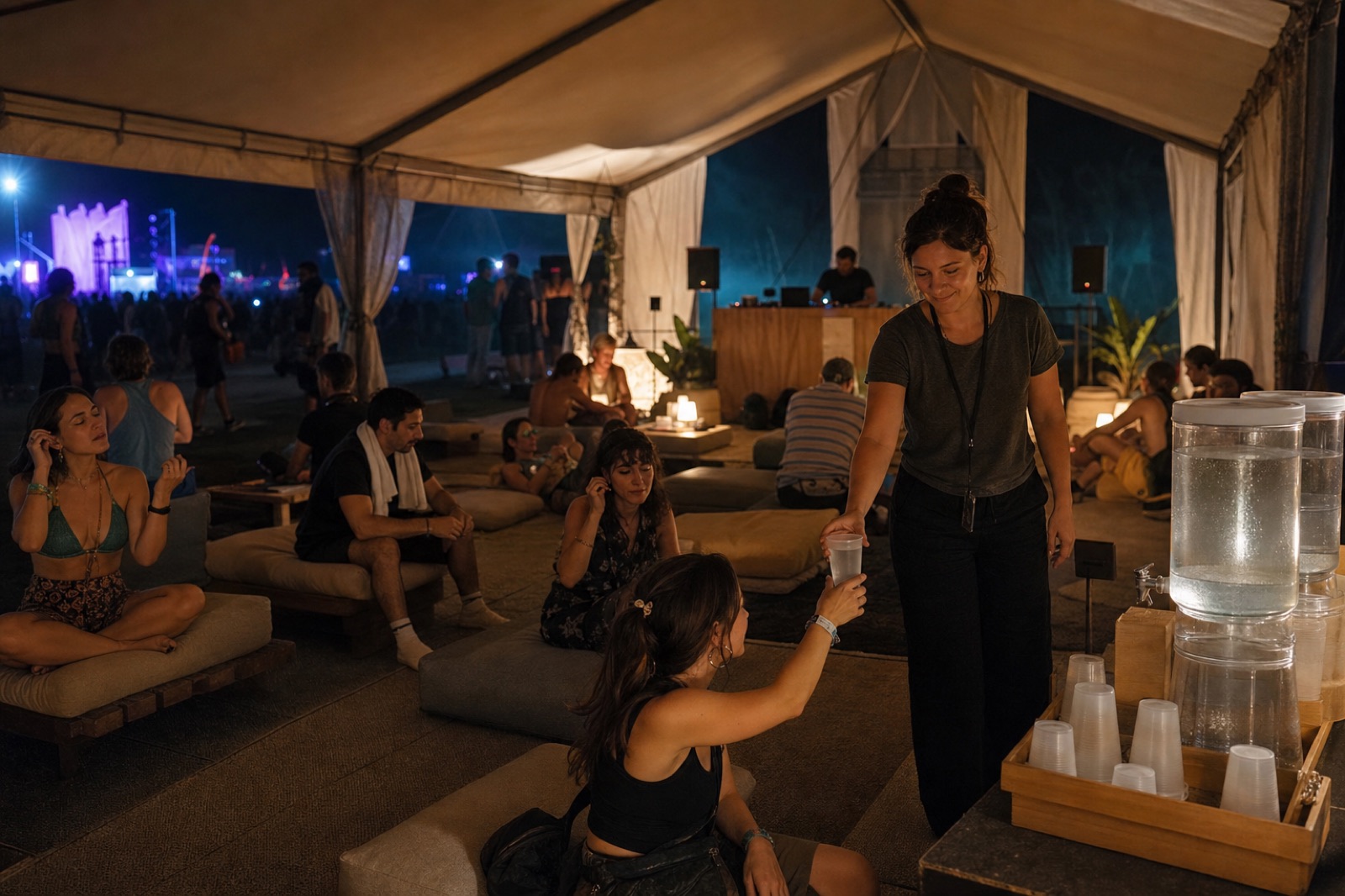 Festival decompression space with ambient DJ setup water seating soft light and dancers resting