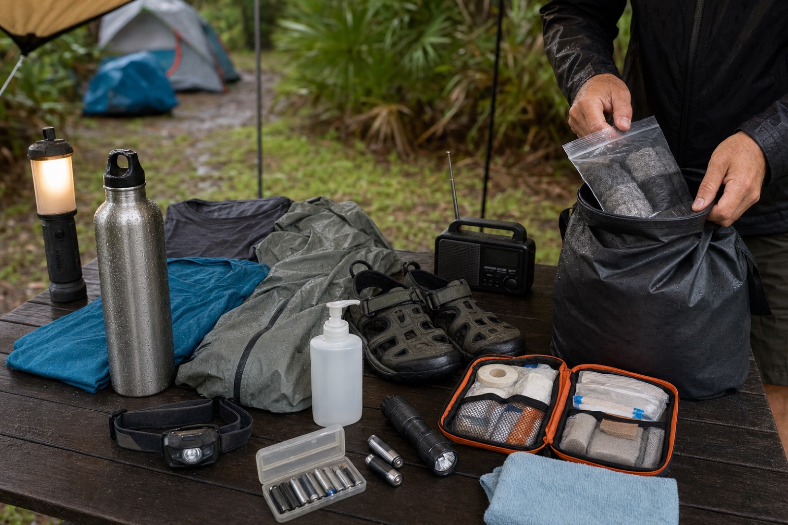 Gulf Coast festival camping kit with quick dry clothes rain shell socks repellent flashlight batteries water and first aid