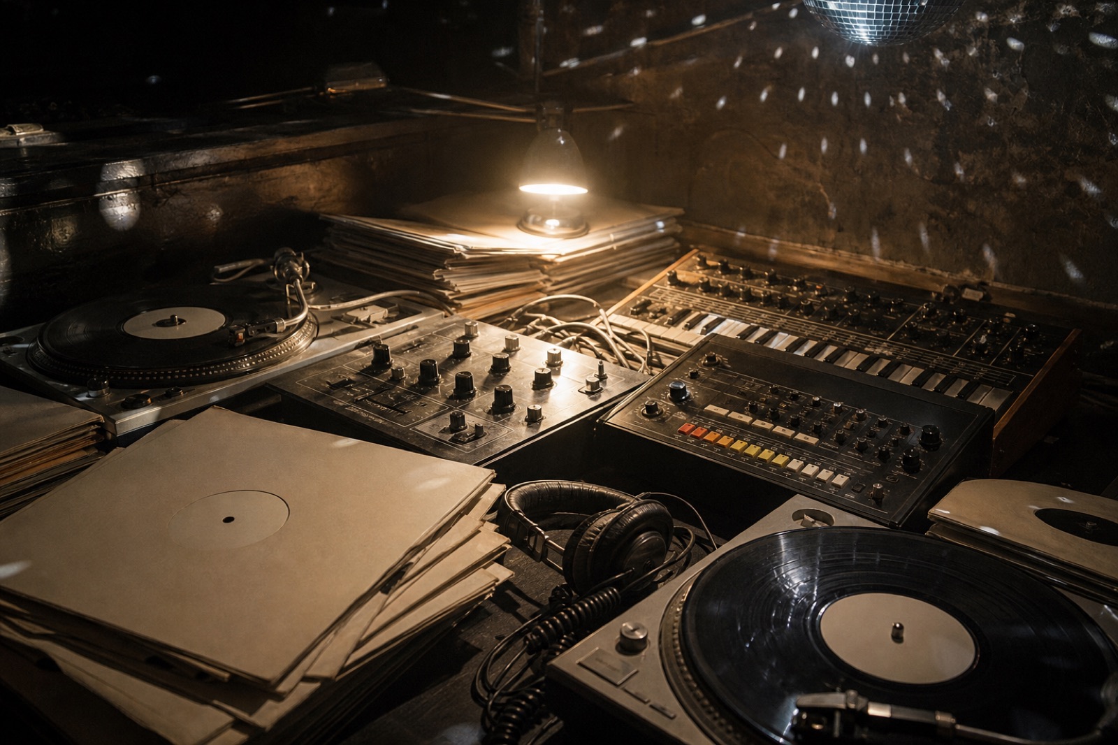 Larry Levan inspired record crate mixer drum machine and Paradise Garage dance floor details