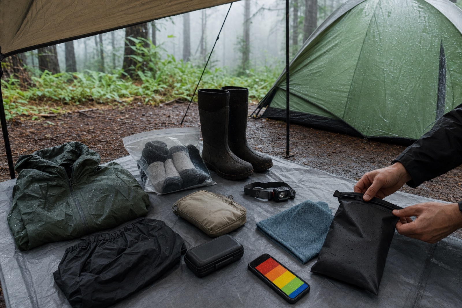 Rainy festival packing kit with waterproof shell dry socks boots headlamp batteries first aid and weather alerts