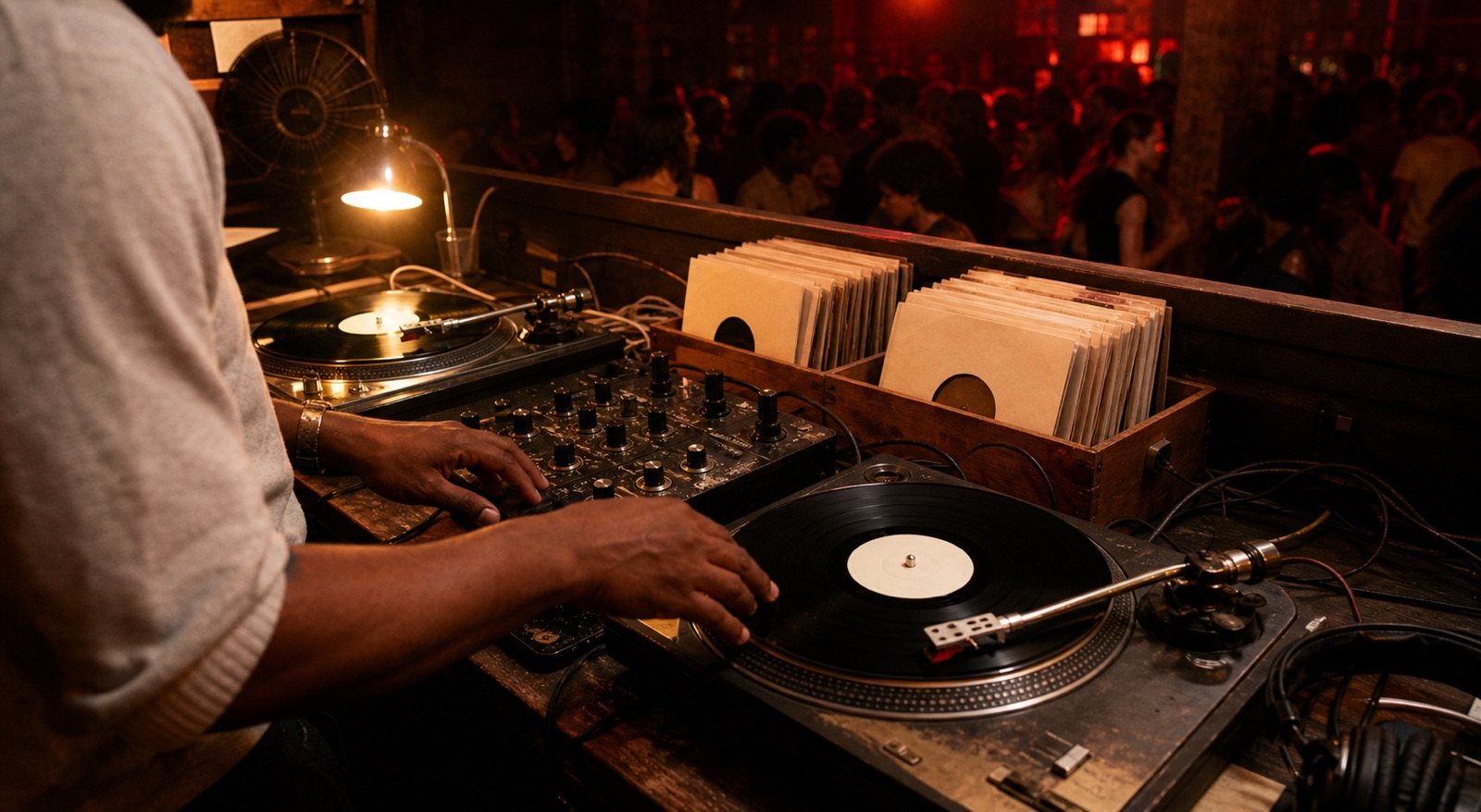 Chicago house DJ booth with vinyl records mixer warm club lights and dancers