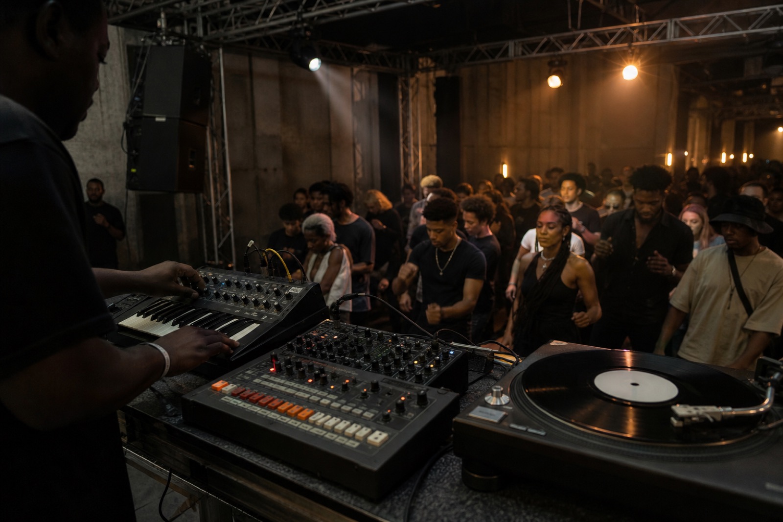 Detroit techno festival listening details with sequencer mixer records and industrial dance floor lights
