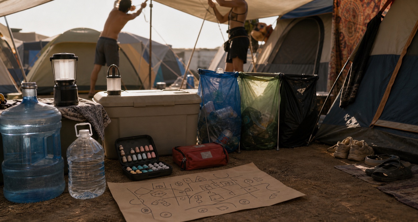 Close festival camp details showing water shade trash bins earplugs and neighbor setup